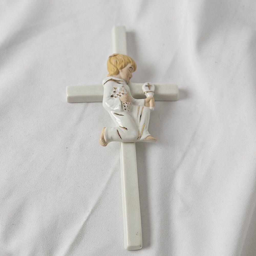 Vintage ROMAN INC. 7.5 " Jade Porcelain COMMUNION CROSS